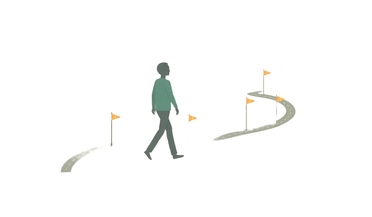 Faceless illustration of a person walking along a roadmap with milestone flags